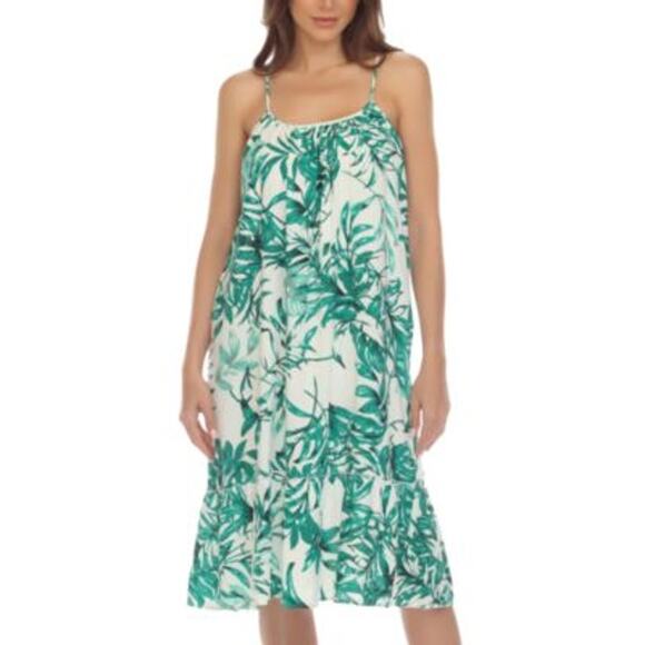Raviya Tropical Printed Ruffle Hem Swim Cover Up Dress Size XL White Green New - Picture 1 of 8